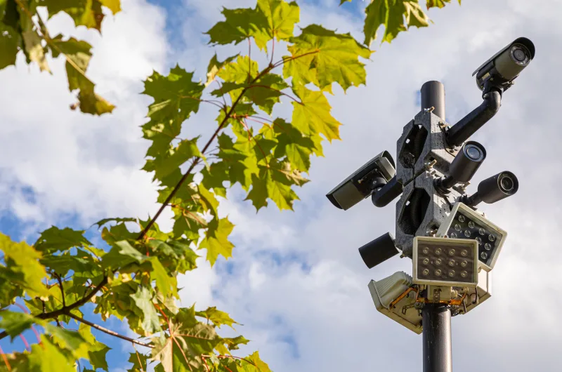 Black surveillance cameras and white street lamps on one column against sky and green leaves of maple tree